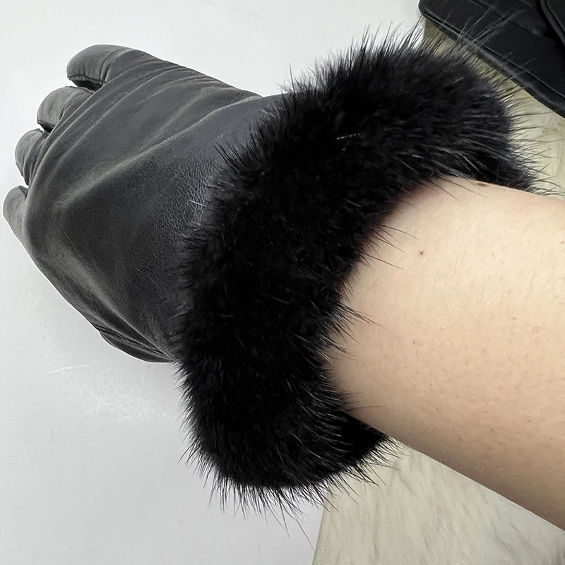 Male And Female Mink Fur Gloves Sheepskin Velvet Lining Black Women's Leather Gloves Men's High-grade Mink Fur Motorcycle Gloves