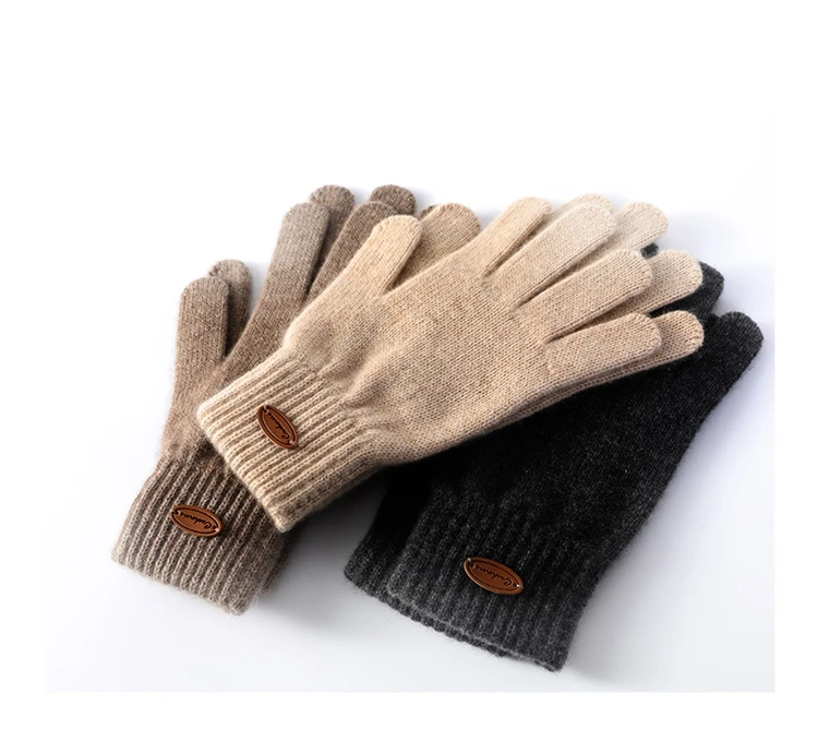 Women 100% Real Cashmere Knitted Thick Gloves Ribbed Cuff Fall Winter Touchscreen Finger Warm Wrist Length Classic Female Mitten
