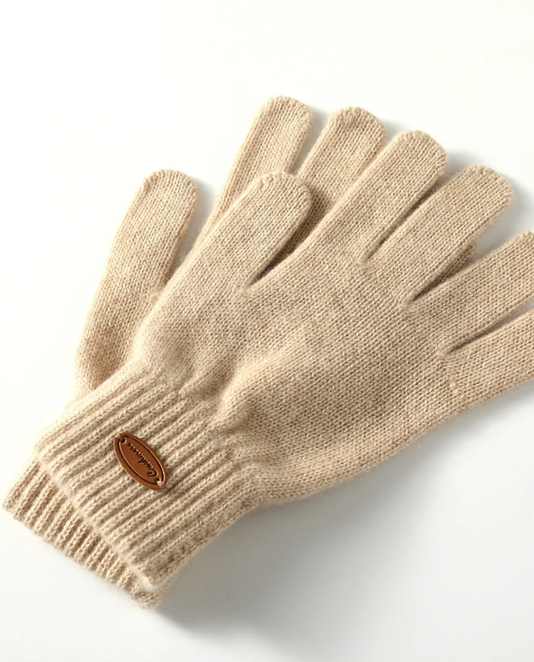 Women 100% Real Cashmere Knitted Thick Gloves Ribbed Cuff Fall Winter Touchscreen Finger Warm Wrist Length Classic Female Mitten