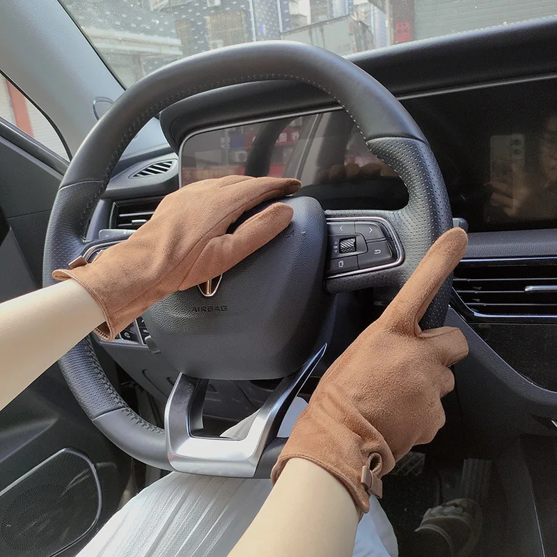 Women Autumn Winter Suede Leather Warm Bow Glove Female Flip Cover Expose Fingers Touch Screen Windproof Driving Mitten