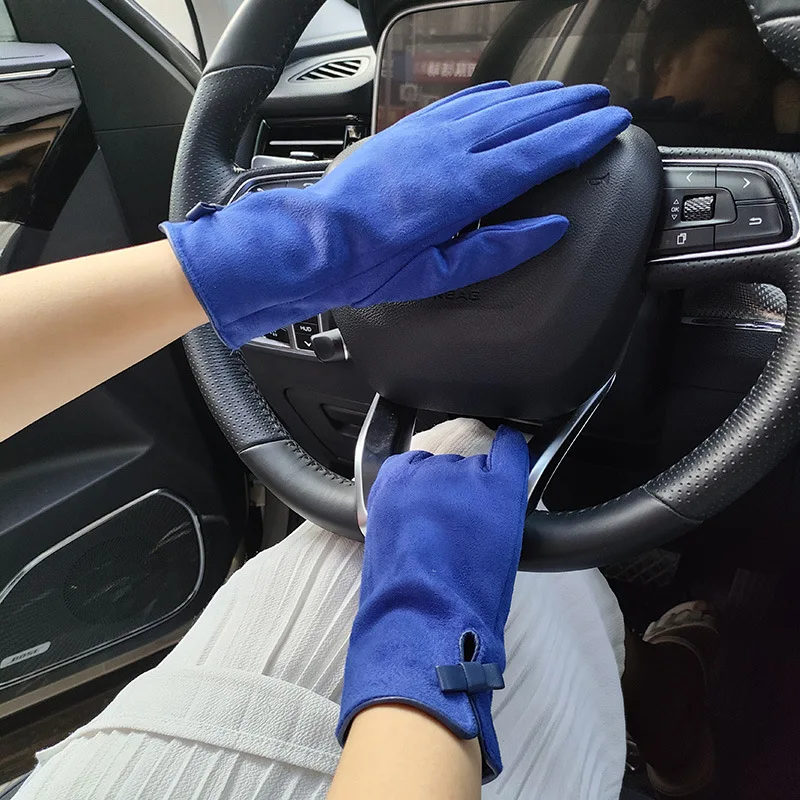 Women Autumn Winter Suede Leather Warm Bow Glove Female Flip Cover Expose Fingers Touch Screen Windproof Driving Mitten