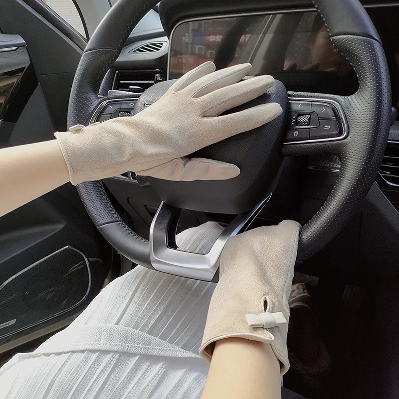 Women Autumn Winter Suede Leather Warm Bow Glove Female Flip Cover Expose Fingers Touch Screen Windproof Driving Mitten