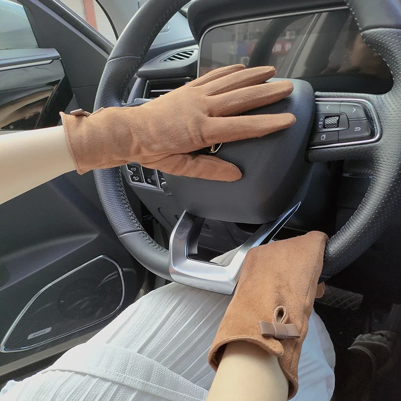 Women Autumn Winter Suede Leather Warm Bow Glove Female Flip Cover Expose Fingers Touch Screen Windproof Driving Mitten