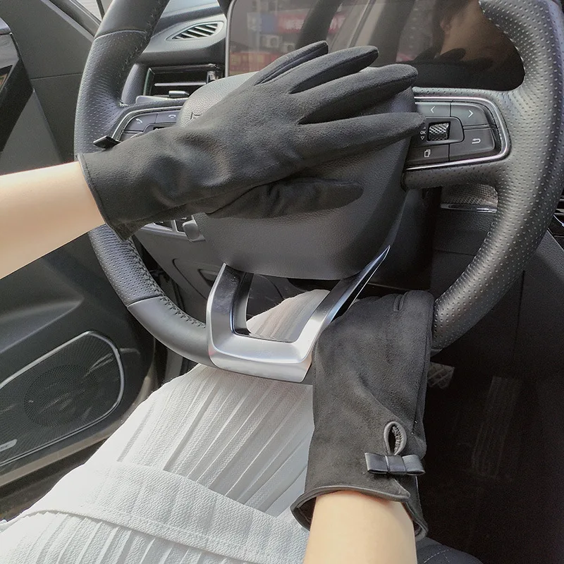 Women Autumn Winter Suede Leather Warm Bow Glove Female Flip Cover Expose Fingers Touch Screen Windproof Driving Mitten