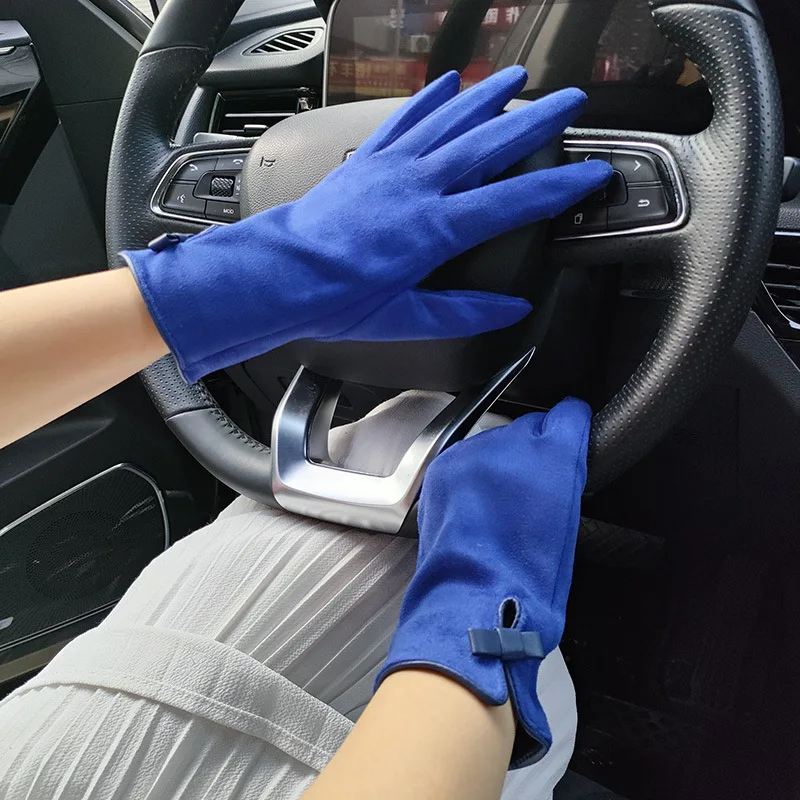 Women Autumn Winter Suede Leather Warm Bow Glove Female Flip Cover Expose Fingers Touch Screen Windproof Driving Mitten
