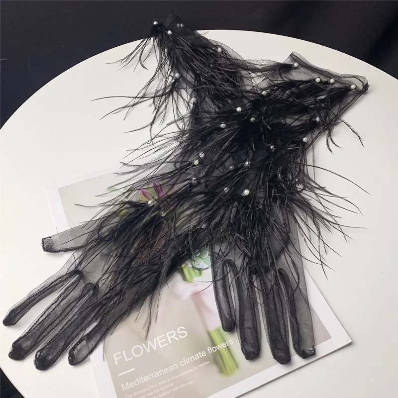 Women's Elegant Black Feather Long Mesh Glove Female Spring Summer Vintage Sunscreen Driving Photograph Party Glove R2126