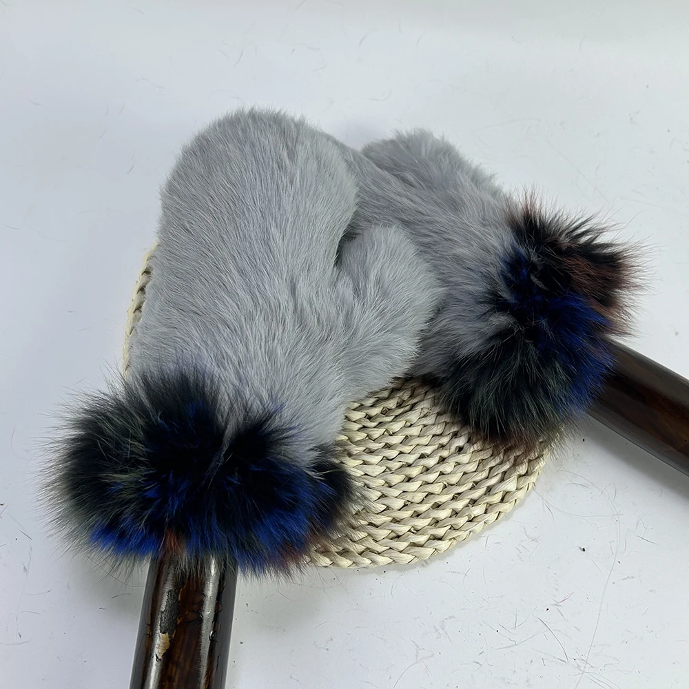 Luxury Women Natural Rabbit Fur Mittens Fox Fur Trimming Real Rabbit Fur Gloves Ladies Fur Elastic Hand Made Drop Shipping