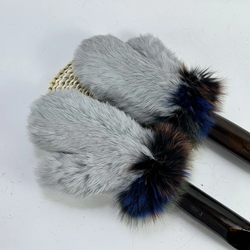 Luxury Women Natural Rabbit Fur Mittens Fox Fur Trimming Real Rabbit Fur Gloves Ladies Fur Elastic Hand Made Drop Shipping