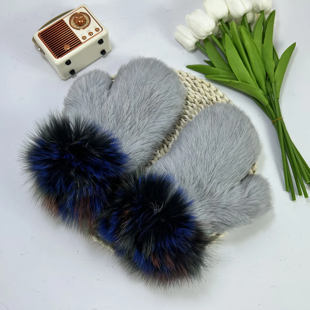 Luxury Women Natural Rabbit Fur Mittens Fox Fur Trimming Real Rabbit Fur Gloves Ladies Fur Elastic Hand Made Drop Shipping