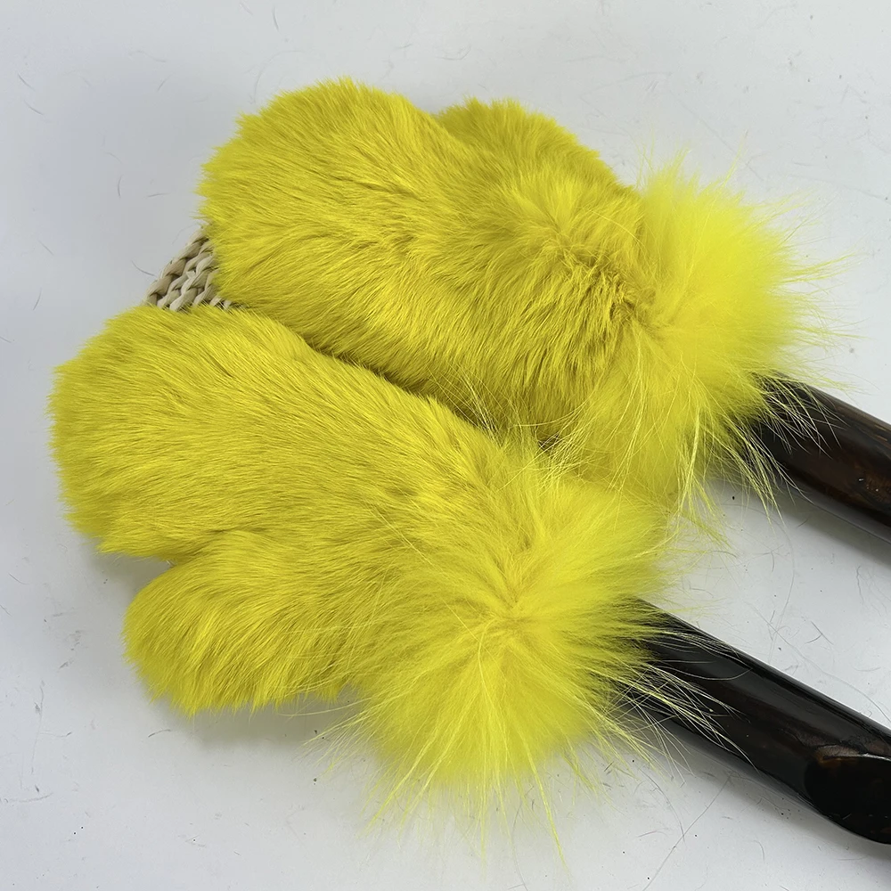 Luxury Women Natural Rabbit Fur Mittens Fox Fur Trimming Real Rabbit Fur Gloves Ladies Fur Elastic Hand Made Drop Shipping