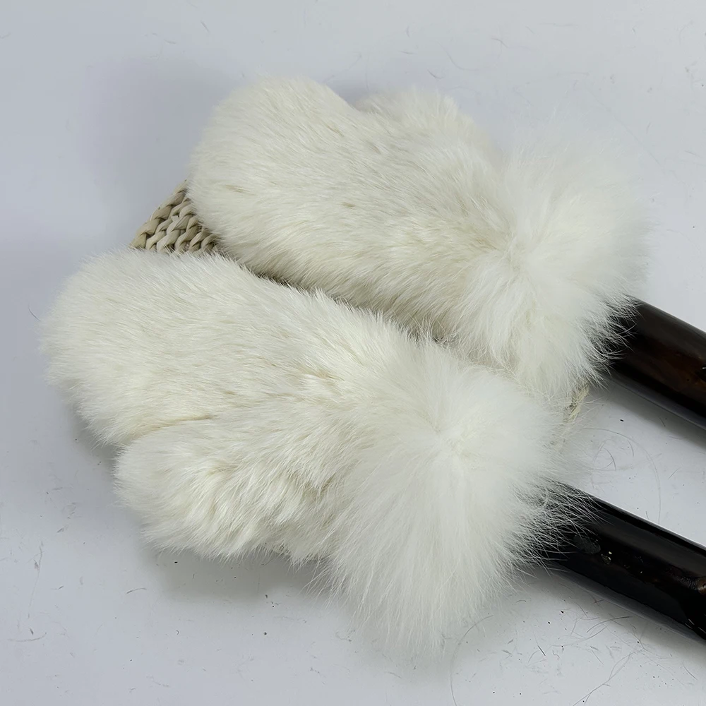 Luxury Women Natural Rabbit Fur Mittens Fox Fur Trimming Real Rabbit Fur Gloves Ladies Fur Elastic Hand Made Drop Shipping