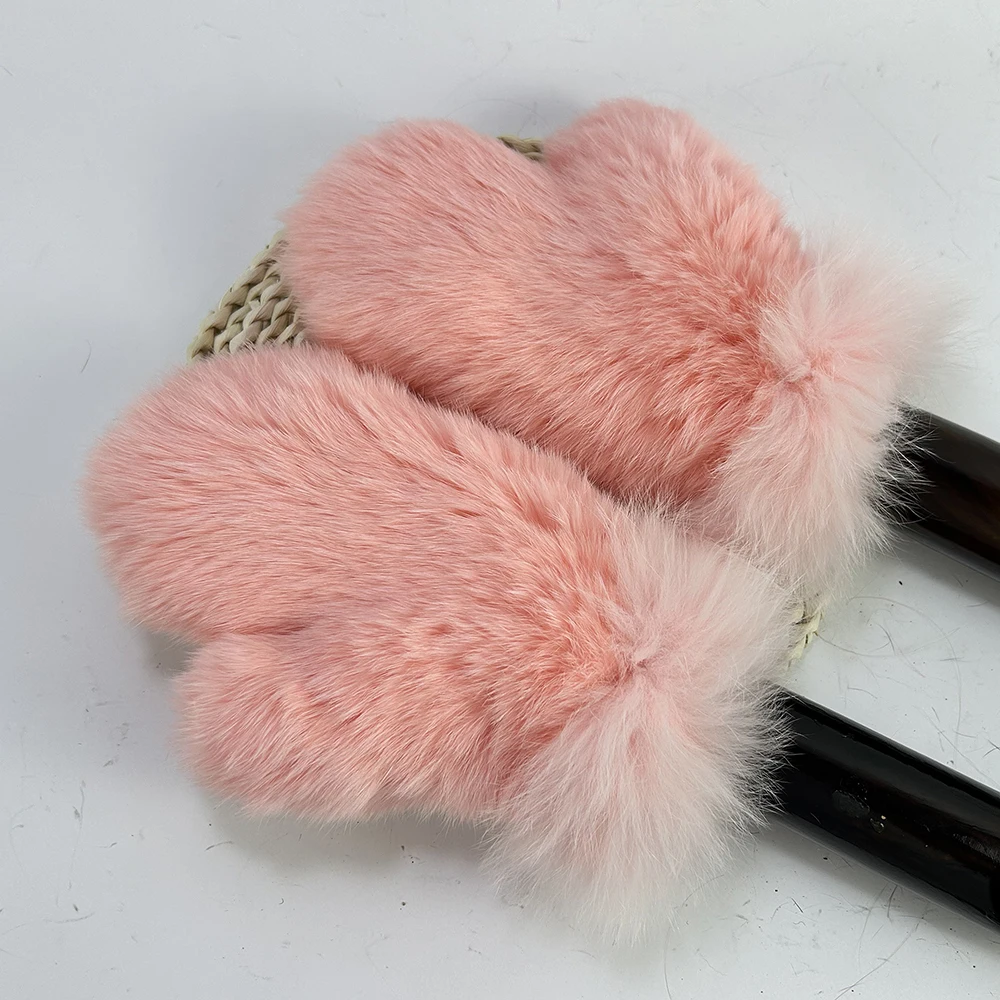 Luxury Women Natural Rabbit Fur Mittens Fox Fur Trimming Real Rabbit Fur Gloves Ladies Fur Elastic Hand Made Drop Shipping
