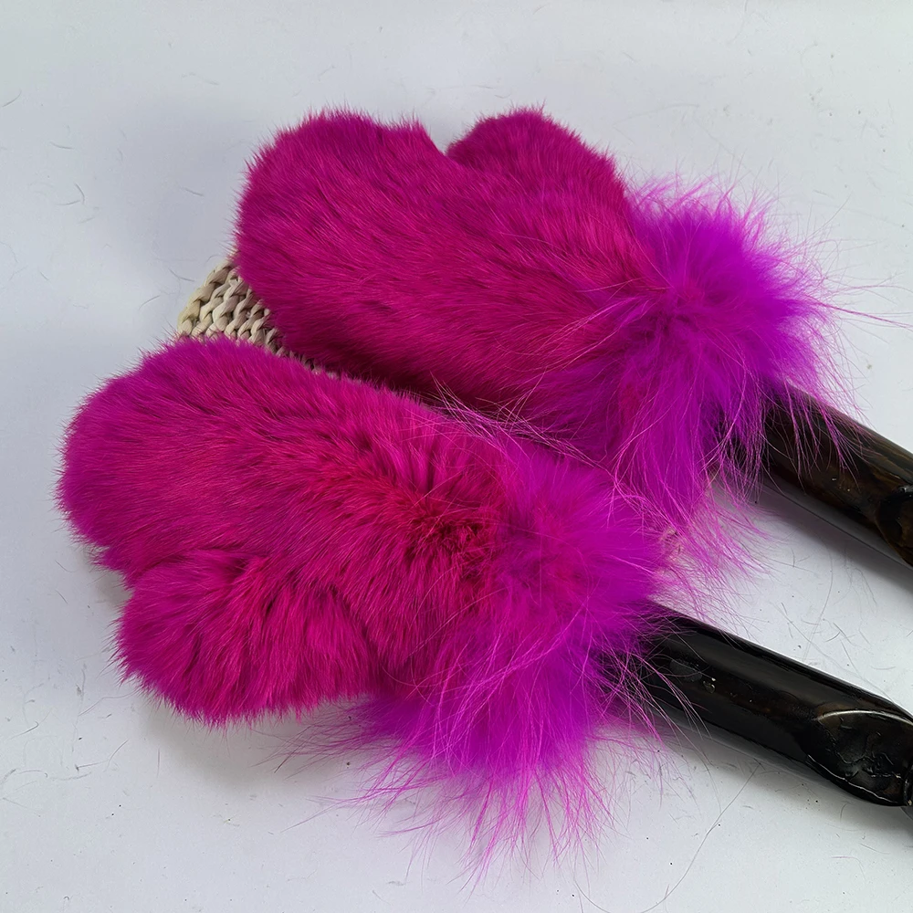 Luxury Women Natural Rabbit Fur Mittens Fox Fur Trimming Real Rabbit Fur Gloves Ladies Fur Elastic Hand Made Drop Shipping