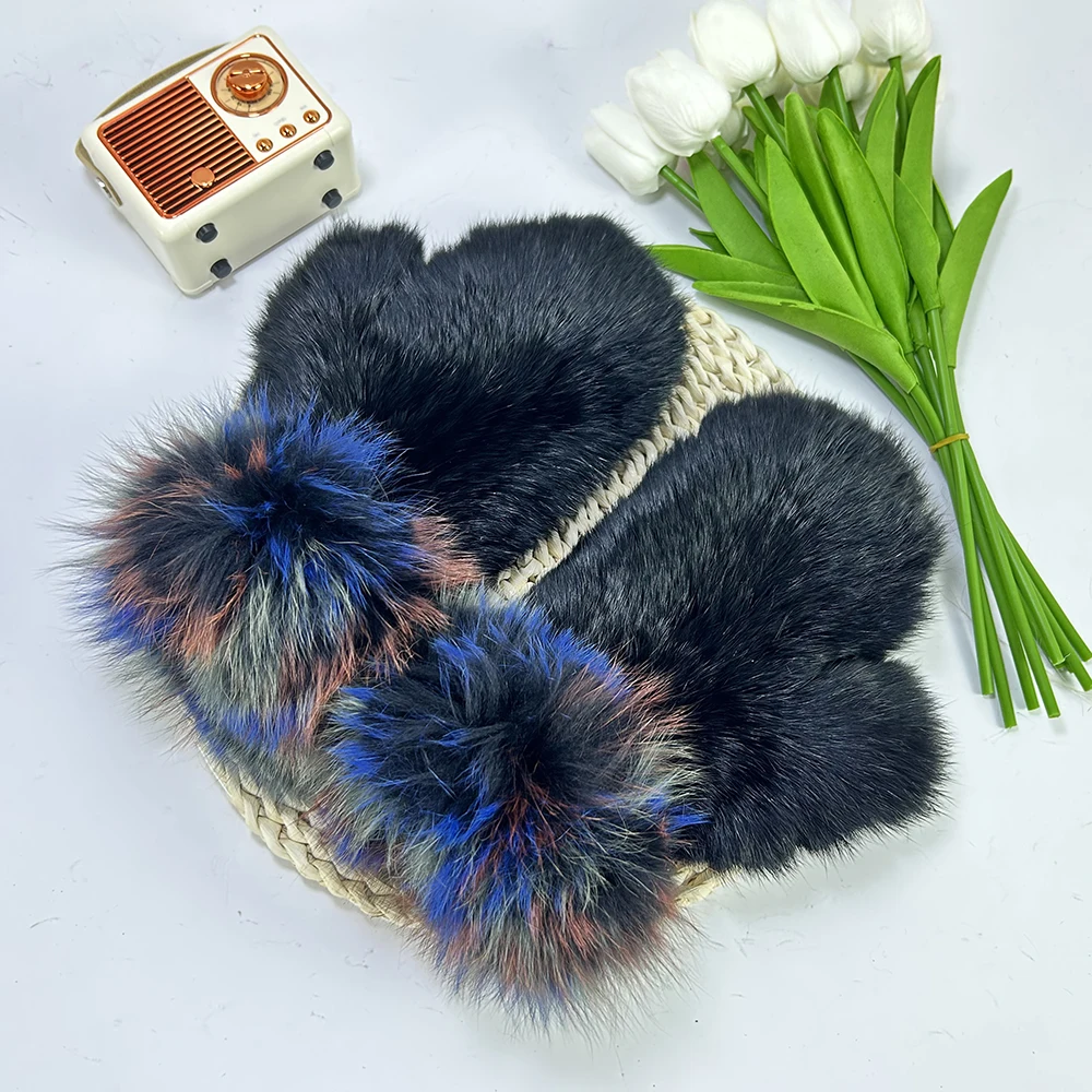 Luxury Women Natural Rabbit Fur Mittens Fox Fur Trimming Real Rabbit Fur Gloves Ladies Fur Elastic Hand Made Drop Shipping
