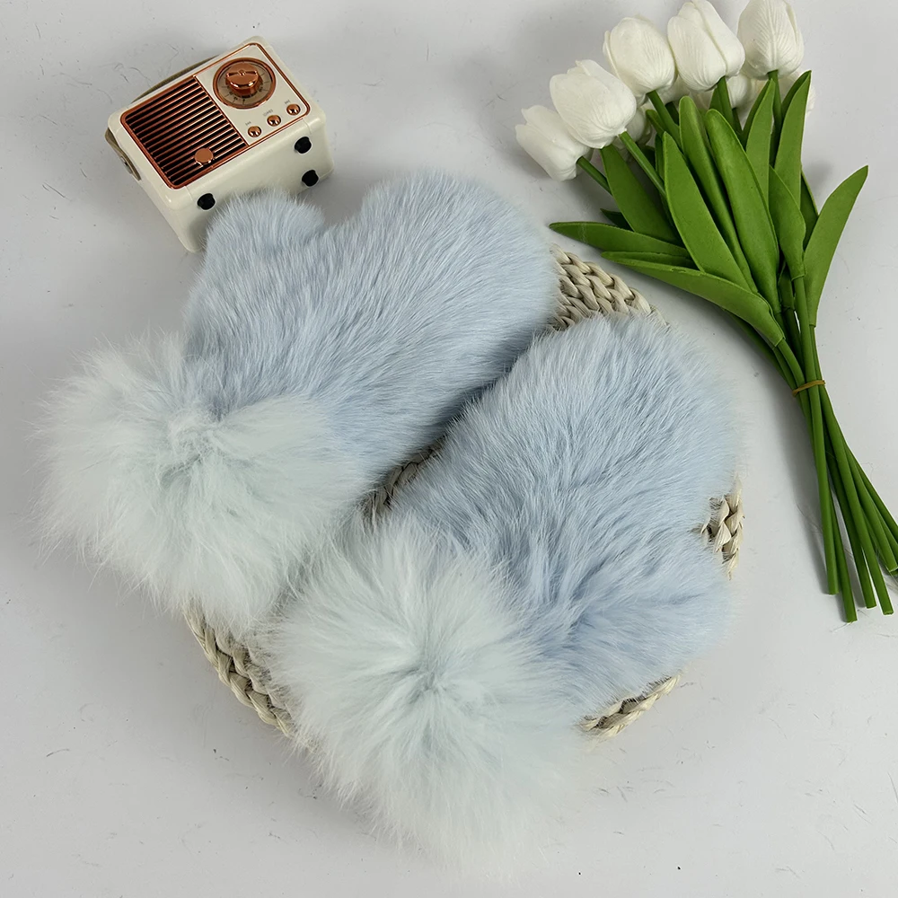 Luxury Women Natural Rabbit Fur Mittens Fox Fur Trimming Real Rabbit Fur Gloves Ladies Fur Elastic Hand Made Drop Shipping