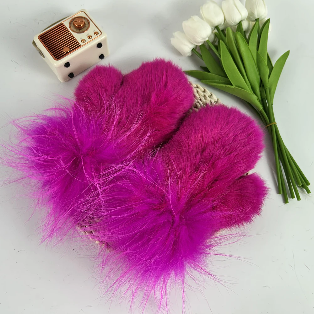 Luxury Women Natural Rabbit Fur Mittens Fox Fur Trimming Real Rabbit Fur Gloves Ladies Fur Elastic Hand Made Drop Shipping