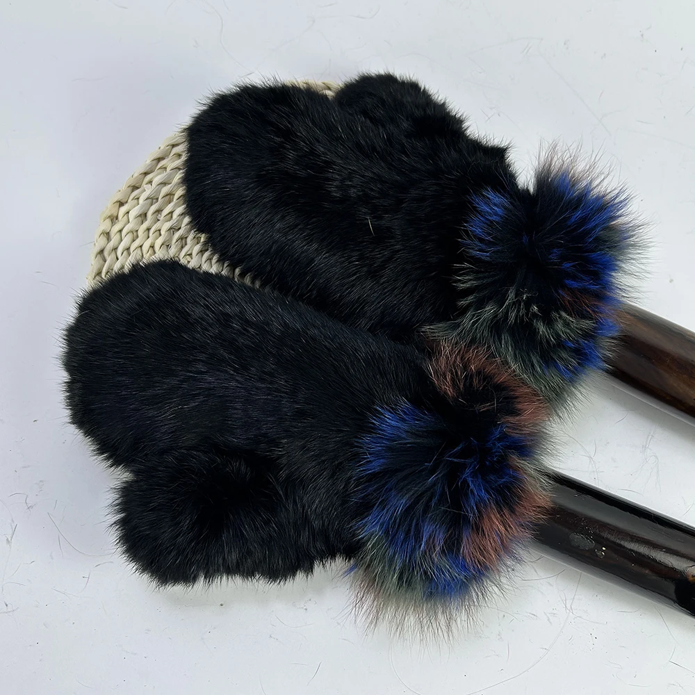Luxury Women Natural Rabbit Fur Mittens Fox Fur Trimming Real Rabbit Fur Gloves Ladies Fur Elastic Hand Made Drop Shipping