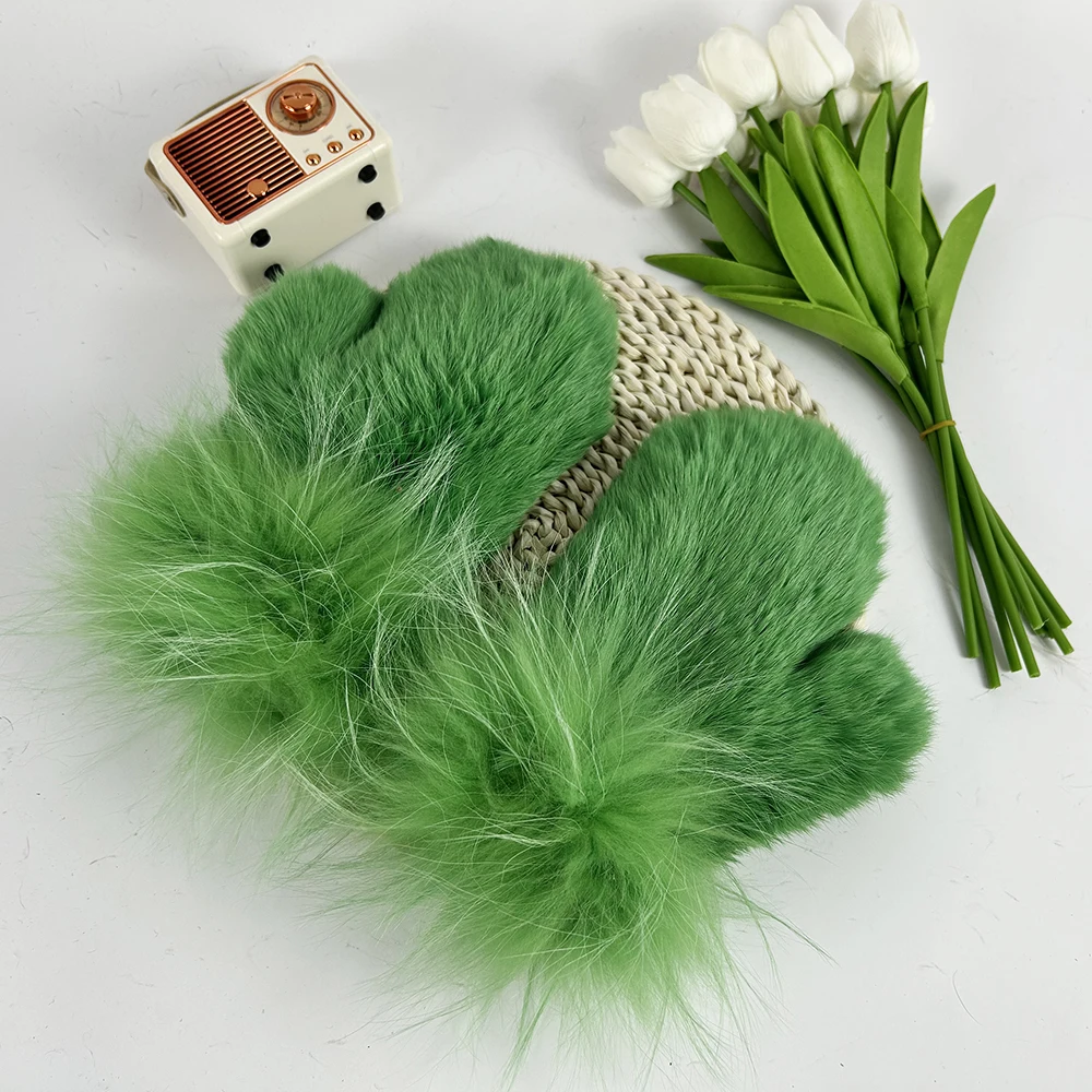 Luxury Women Natural Rabbit Fur Mittens Fox Fur Trimming Real Rabbit Fur Gloves Ladies Fur Elastic Hand Made Drop Shipping