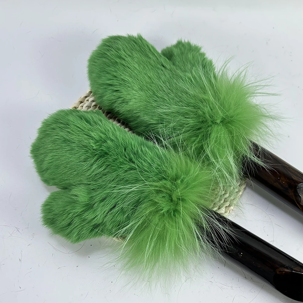 Luxury Women Natural Rabbit Fur Mittens Fox Fur Trimming Real Rabbit Fur Gloves Ladies Fur Elastic Hand Made Drop Shipping
