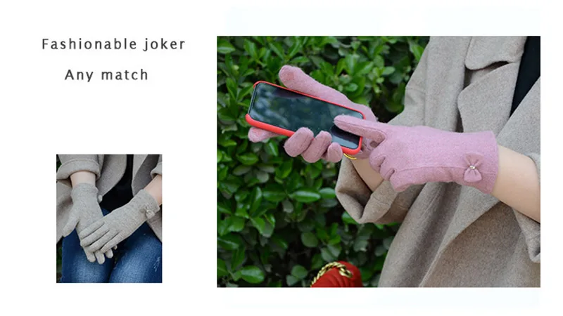 Fashion Elegant Female Wool Knit Embroidery Touch Screen Gloves Winter Women Warm Cashmere Full Finger Bow Dotted Gloves C21