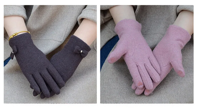 Fashion Elegant Female Wool Knit Embroidery Touch Screen Gloves Winter Women Warm Cashmere Full Finger Bow Dotted Gloves C21
