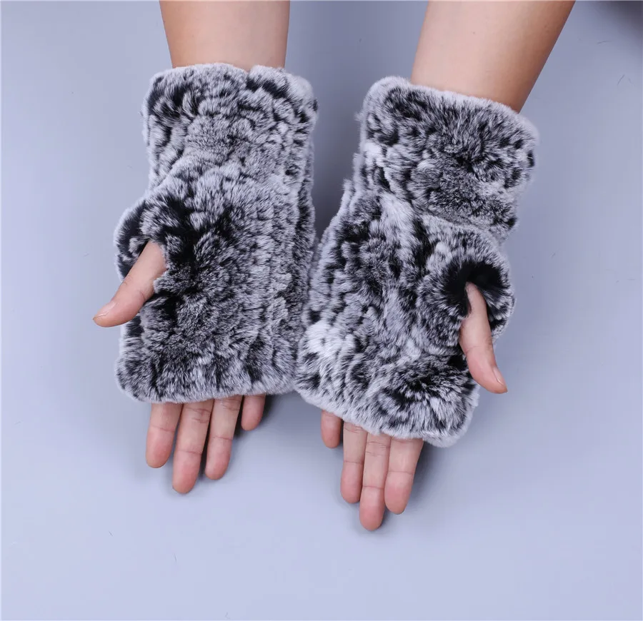 Fashion Real Rex Rabbit Fur Women's Winter Gloves Genuine Fur Mittens Girl Fingerless Gloves Wrist Warmer Elastic Fluffy