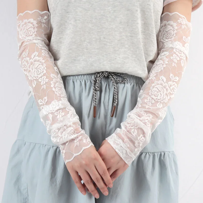 1Pair Summer Thin Fingerless Gloves Black and White Elegant Arm Sleeves Mesh Lace Elastic Driving Cycling Gloves Finger Mittens