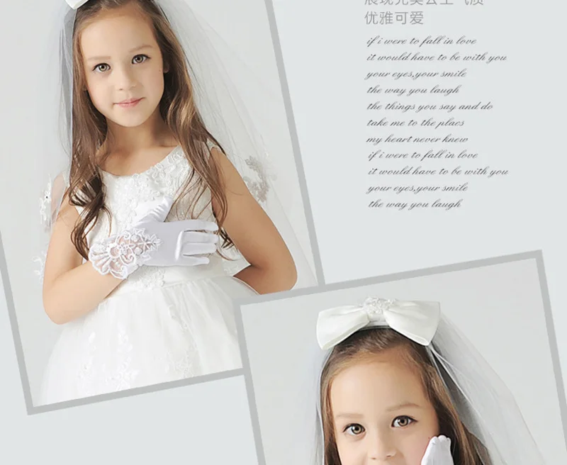 Girl Pearl Short Lace Bow Children Princess Dance Dress Glove Kids White Elastic Spandex Satin Party Formal Etiquette Mitten G79