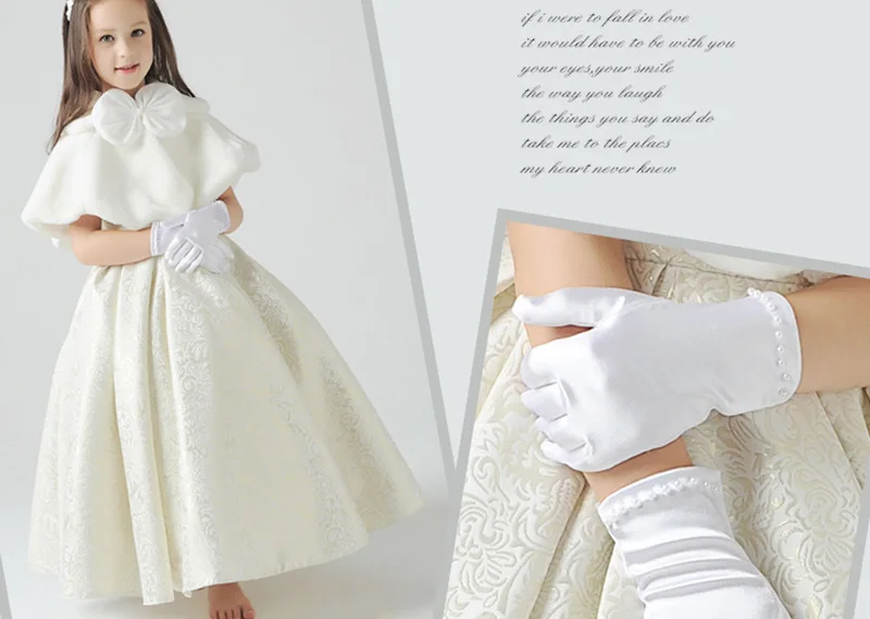 Girl Pearl Short Lace Bow Children Princess Dance Dress Glove Kids White Elastic Spandex Satin Party Formal Etiquette Mitten G79