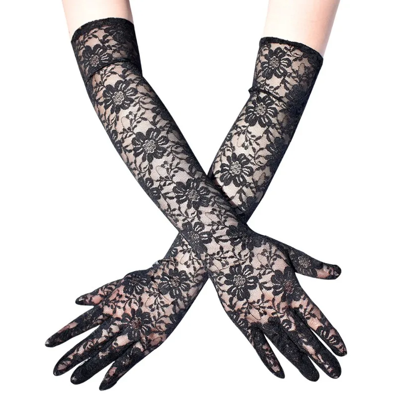 49CM Long Women Sexy Lace Chrysanthemum Gloves Thin Transparent Stage Performance Opera Dance Party Evening Dress Accessories