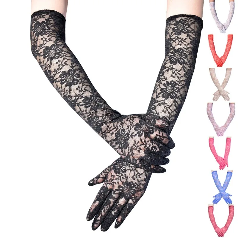 49CM Long Women Sexy Lace Chrysanthemum Gloves Thin Transparent Stage Performance Opera Dance Party Evening Dress Accessories