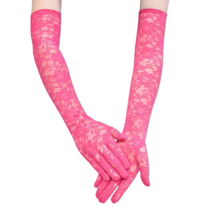 49CM Long Women Sexy Lace Chrysanthemum Gloves Thin Transparent Stage Performance Opera Dance Party Evening Dress Accessories