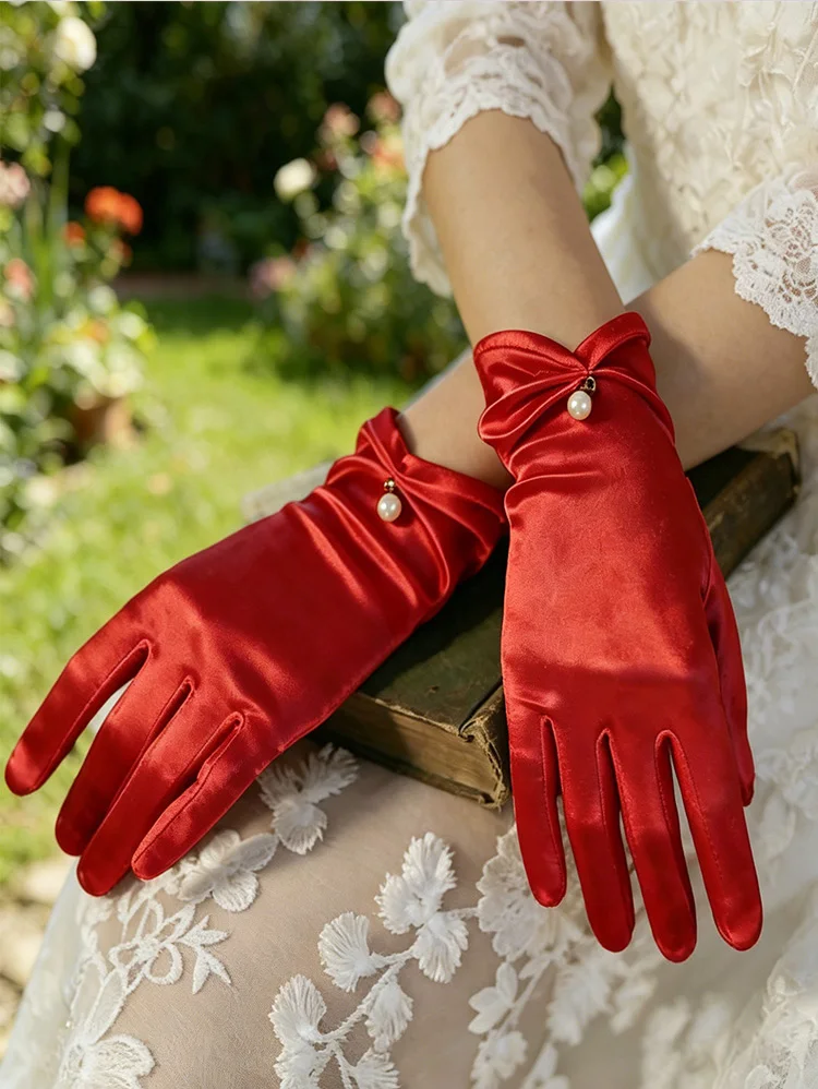 Bridal Gloves 1 Pair Wedding Dress Satin Short Style Elegant Black Retro White Red Wedding Silk Gloves