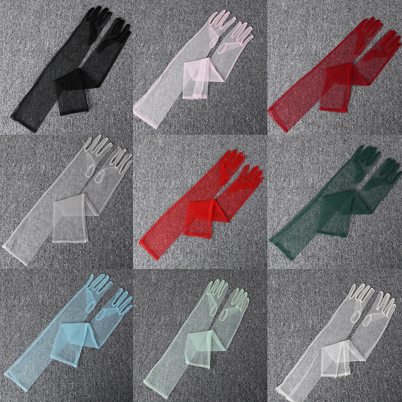 Fashion Long Sheer Tulle Gloves Ultra Thin Stretchy Full Finger Mittens Mesh Elbow Wedding Bride Gloves Drive Sunscreen Mittens
