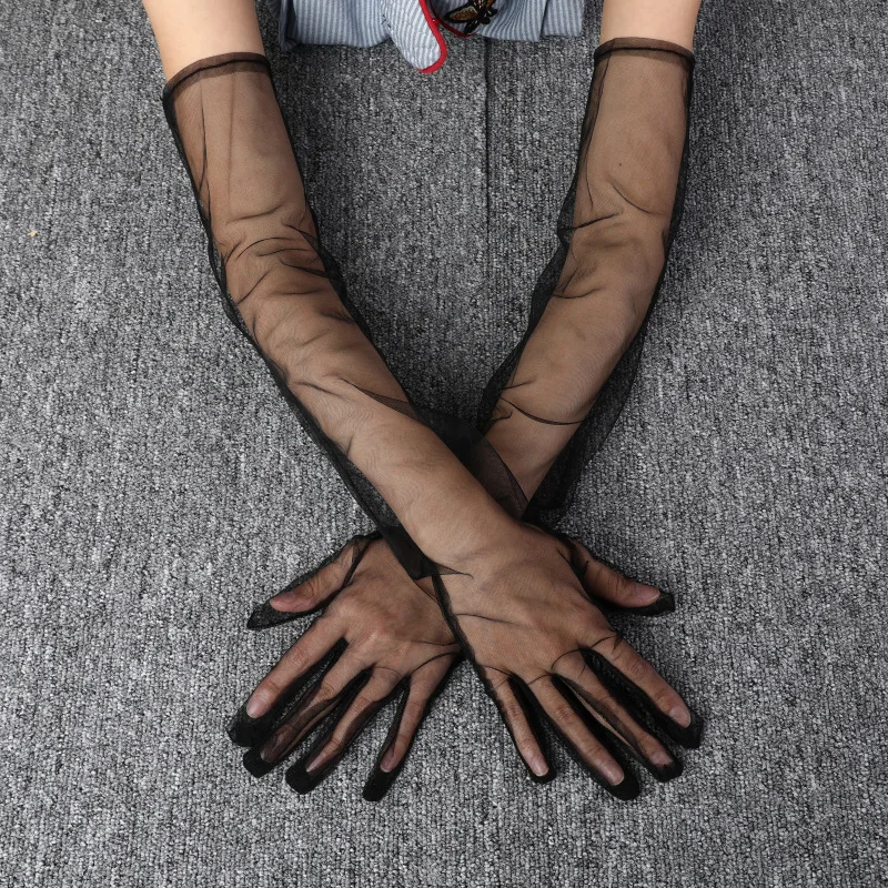 Fashion Long Sheer Tulle Gloves Ultra Thin Stretchy Full Finger Mittens Mesh Elbow Wedding Bride Gloves Drive Sunscreen Mittens