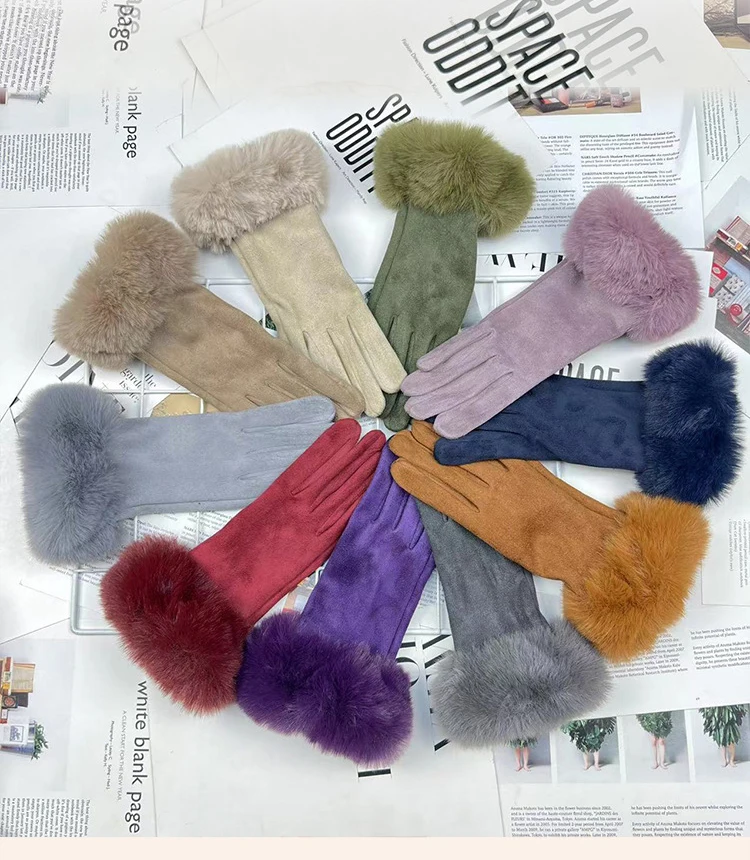 Autumn Winter Women Cute Furry Warm Full Finger Mittens Female Outdoor Cycling Lady Thick Faux Fur Fashion Touch Screen Gloves