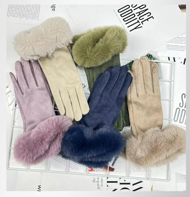 Autumn Winter Women Cute Furry Warm Full Finger Mittens Female Outdoor Cycling Lady Thick Faux Fur Fashion Touch Screen Gloves