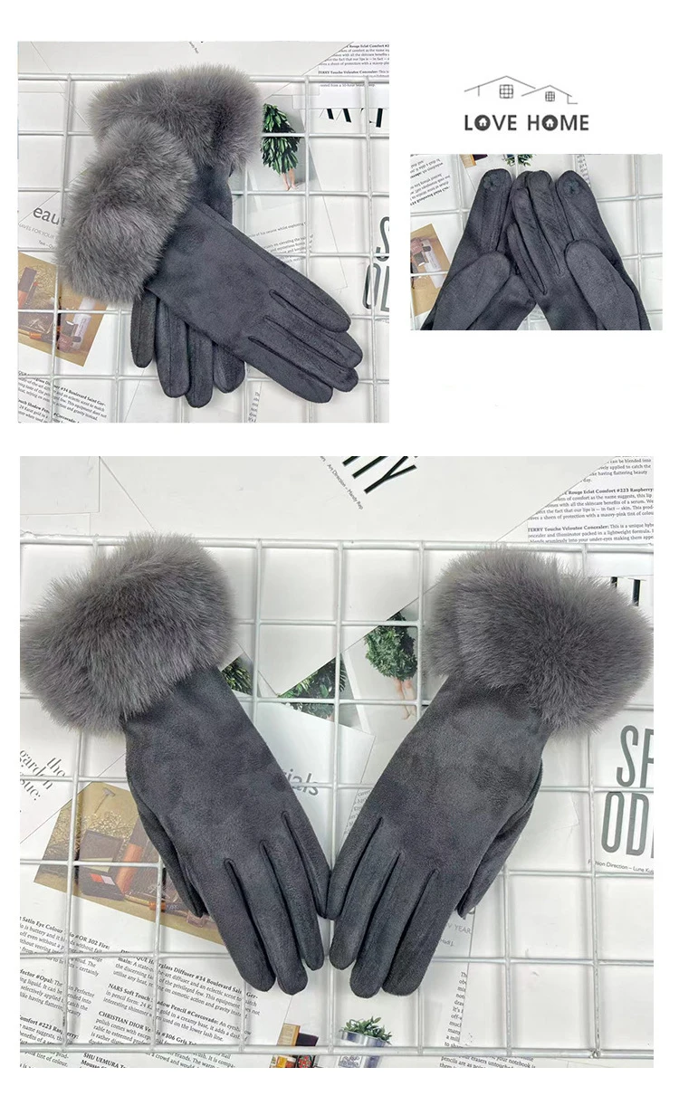 Autumn Winter Women Cute Furry Warm Full Finger Mittens Female Outdoor Cycling Lady Thick Faux Fur Fashion Touch Screen Gloves
