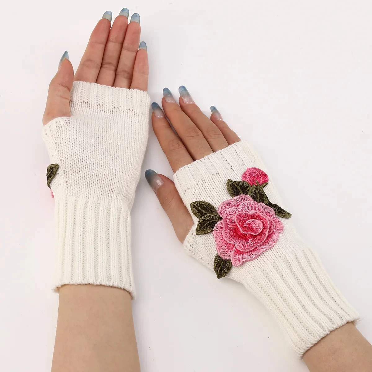 Autumn Winter Women's Short Fashion Embroidered Flower Half Finger Gloves Knitted Wool Sleeves Warm Mittens Fingerless Gloves