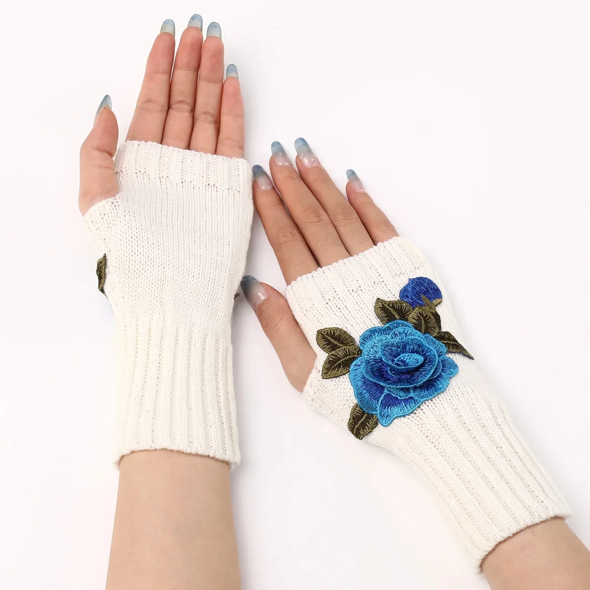 Autumn Winter Women's Short Fashion Embroidered Flower Half Finger Gloves Knitted Wool Sleeves Warm Mittens Fingerless Gloves