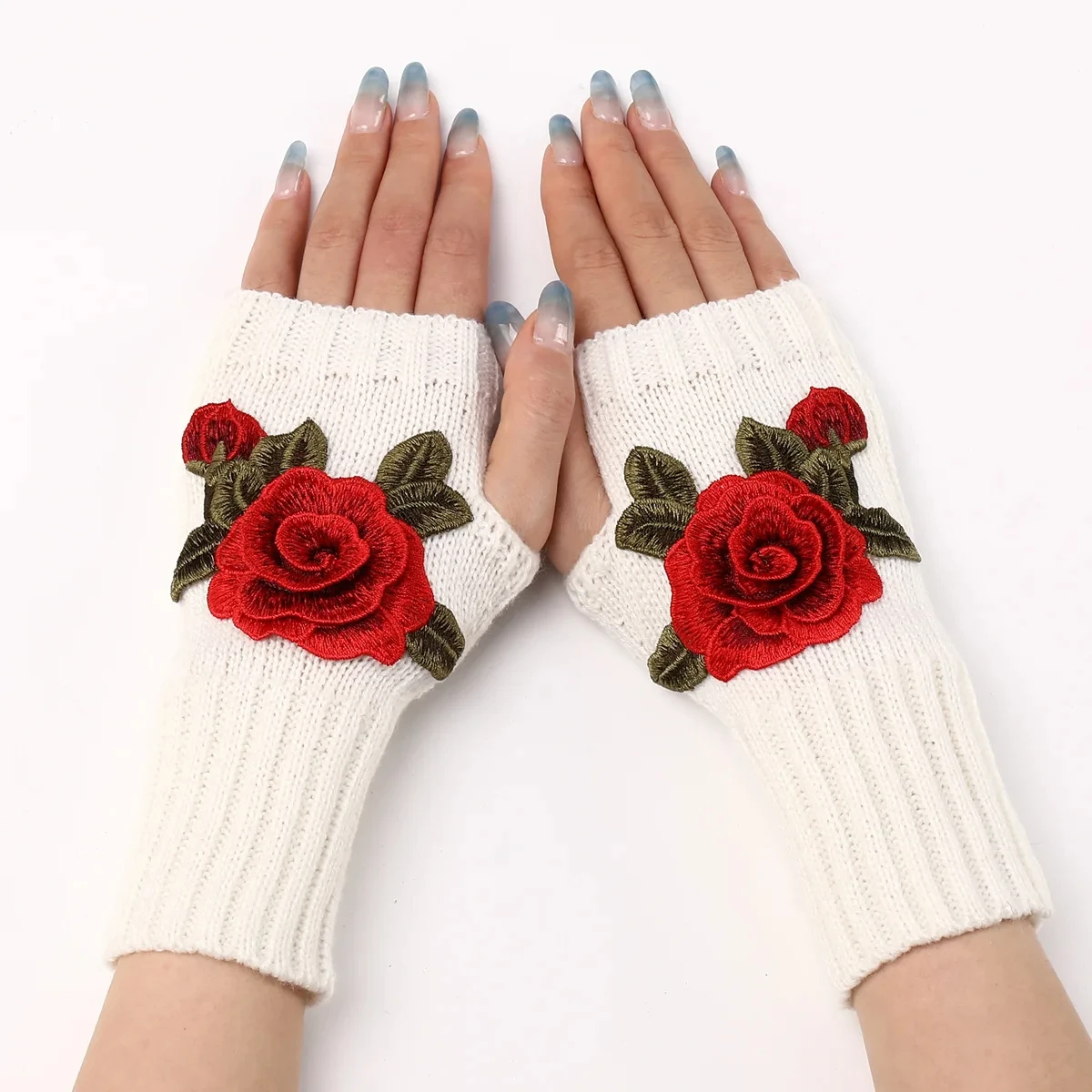 Autumn Winter Women's Short Fashion Embroidered Flower Half Finger Gloves Knitted Wool Sleeves Warm Mittens Fingerless Gloves