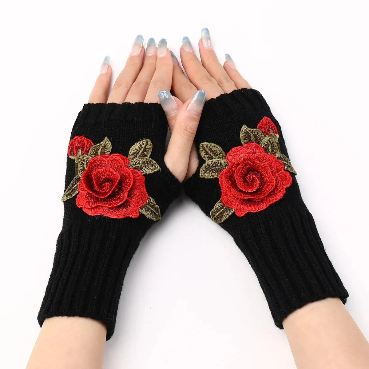 Autumn Winter Women's Short Fashion Embroidered Flower Half Finger Gloves Knitted Wool Sleeves Warm Mittens Fingerless Gloves