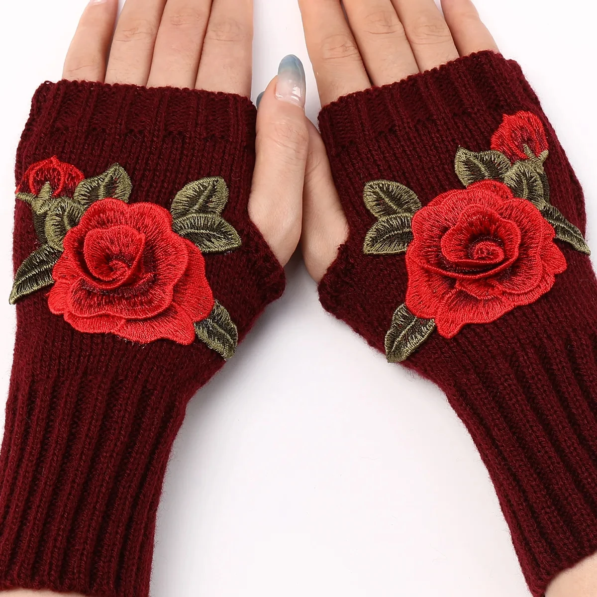 Autumn Winter Women's Short Fashion Embroidered Flower Half Finger Gloves Knitted Wool Sleeves Warm Mittens Fingerless Gloves