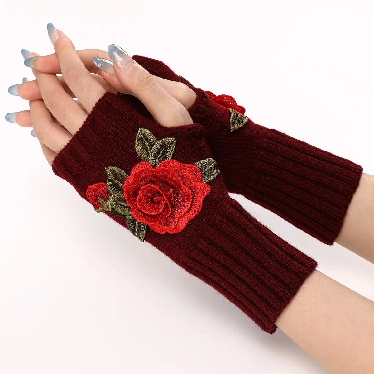Autumn Winter Women's Short Fashion Embroidered Flower Half Finger Gloves Knitted Wool Sleeves Warm Mittens Fingerless Gloves