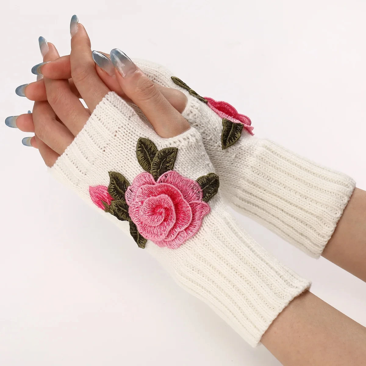 Autumn Winter Women's Short Fashion Embroidered Flower Half Finger Gloves Knitted Wool Sleeves Warm Mittens Fingerless Gloves