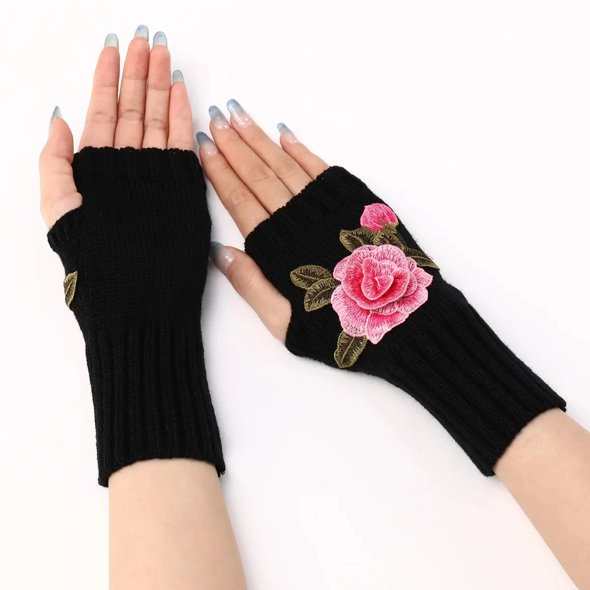 Autumn Winter Women's Short Fashion Embroidered Flower Half Finger Gloves Knitted Wool Sleeves Warm Mittens Fingerless Gloves