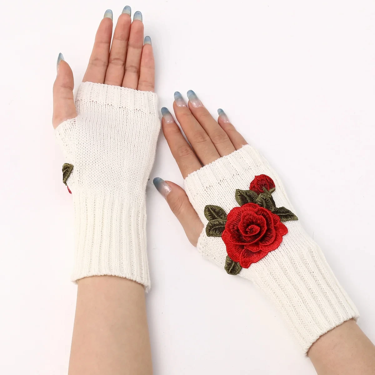 Autumn Winter Women's Short Fashion Embroidered Flower Half Finger Gloves Knitted Wool Sleeves Warm Mittens Fingerless Gloves