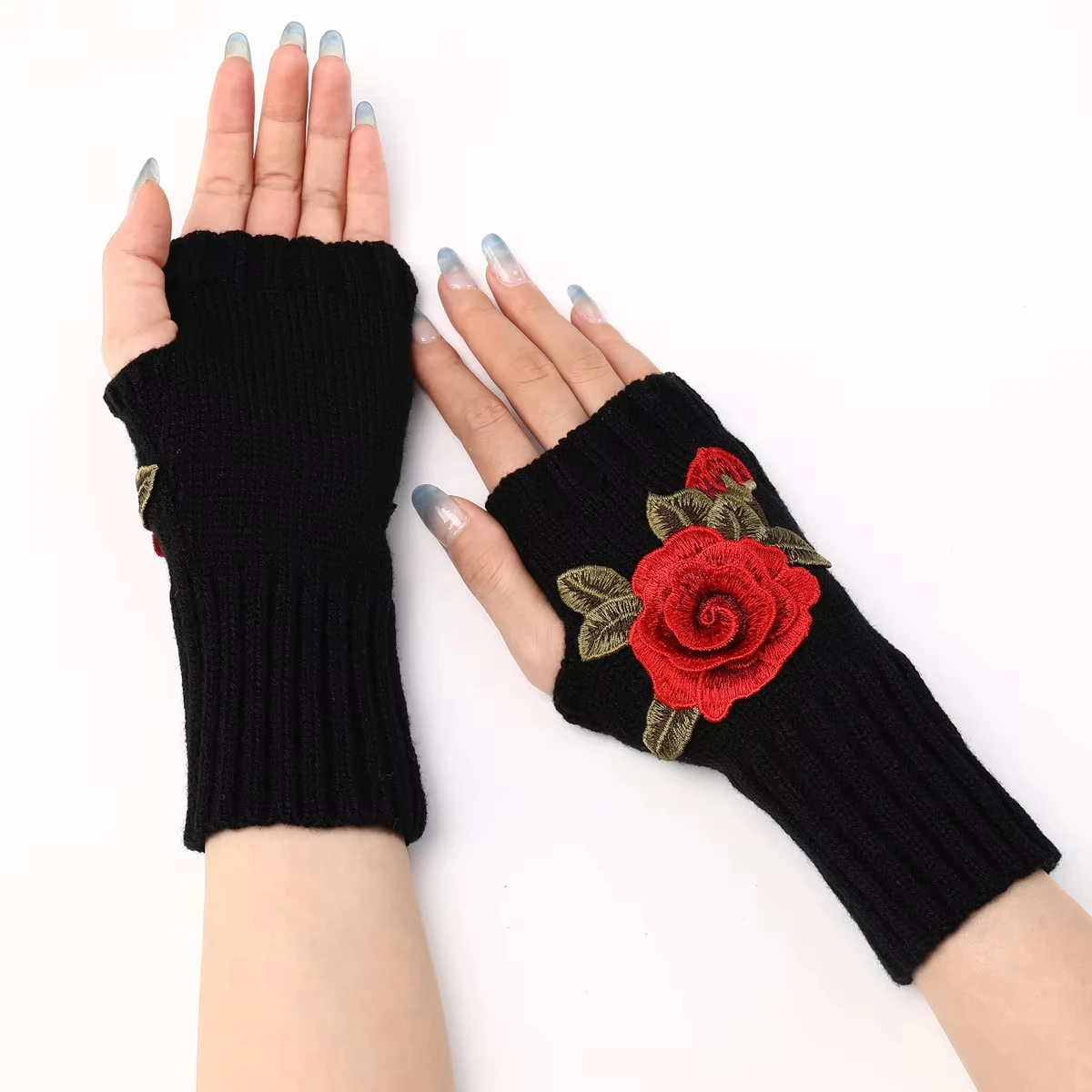 Autumn Winter Women's Short Fashion Embroidered Flower Half Finger Gloves Knitted Wool Sleeves Warm Mittens Fingerless Gloves