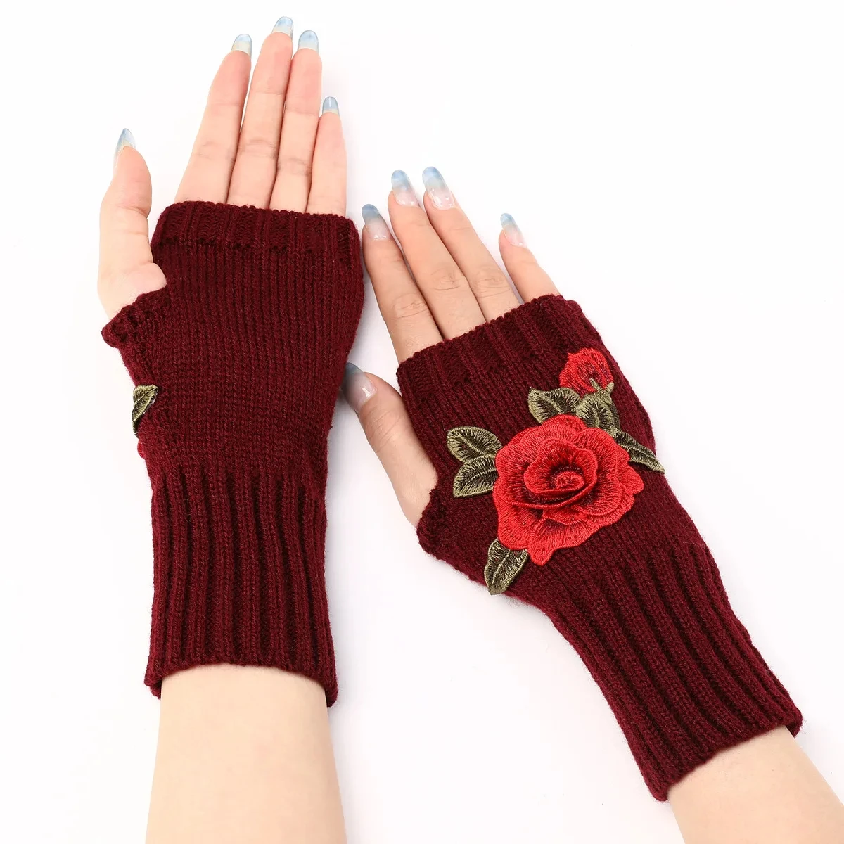 Autumn Winter Women's Short Fashion Embroidered Flower Half Finger Gloves Knitted Wool Sleeves Warm Mittens Fingerless Gloves