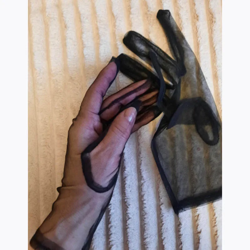 Women Summer Sexy Black Lace Gloves Mesh Hollow Breathable Sunscreen Short Paragraph Female High Elasticity Transparent Gloves